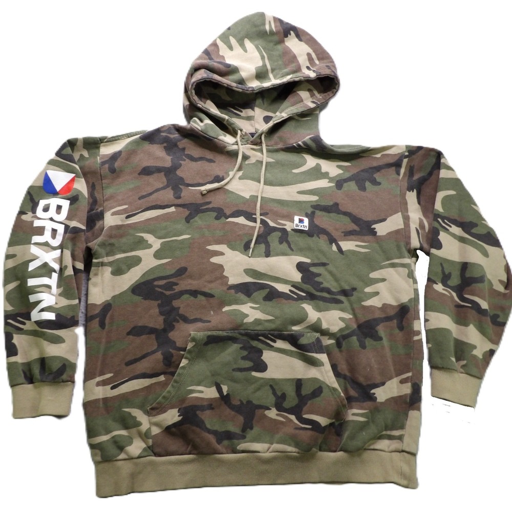 Brixton BRXTN Sleeve Logo Camo Pullover Hoodie Sweatshirt Cotton Men Small Green